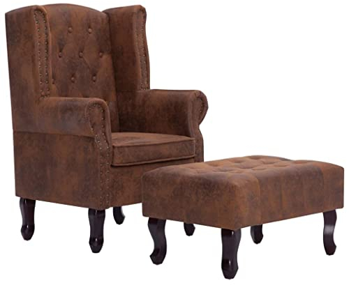 Hommdiy Chesterfield Sessel mit Fußhocker Relaxsessel Polstersessel Fernsehsessel Lehnstuhl Lehnsessel Loungesessel Hocker Braun Wildleder-Optik