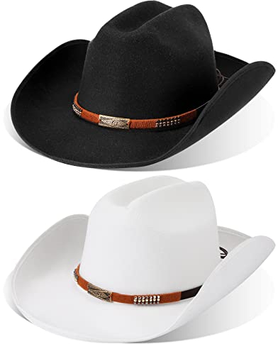 Cowboyhut für Herren und Damen, Western-Stil, Filz, Cowboy, Hochzeit, Cowgirl-Hut, Gürtelschnalle, Halloween-Party-Kostüme, 2 Stück, schwarz, weiß, One size