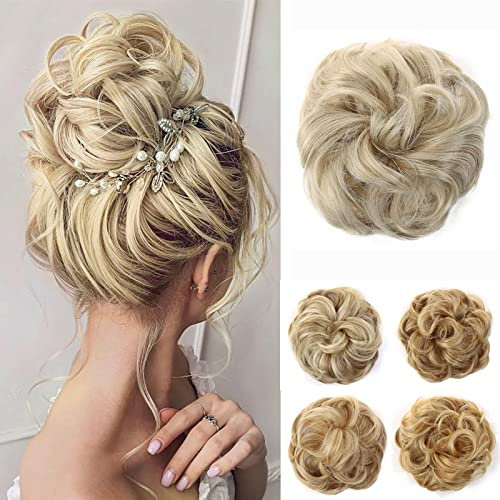 JJstar Messy Hair Bun Curly Wavy Hair Scrunchies Accessories Pieces for Women Girls Synthetic Chignons (Pale Ash Blonde)