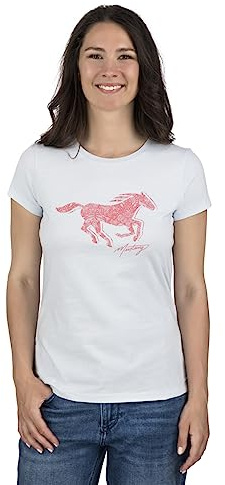 MUSTANG Damen T-Shirt Rundhals O-Neck Basic Slim Fit Kurzarm Logo Print Sommer Shirt 100% Baumwolle Weiß Blau Grün Rot S M L XL XXL, Größe:M, Farbe:Hellblau (1014029-5022)
