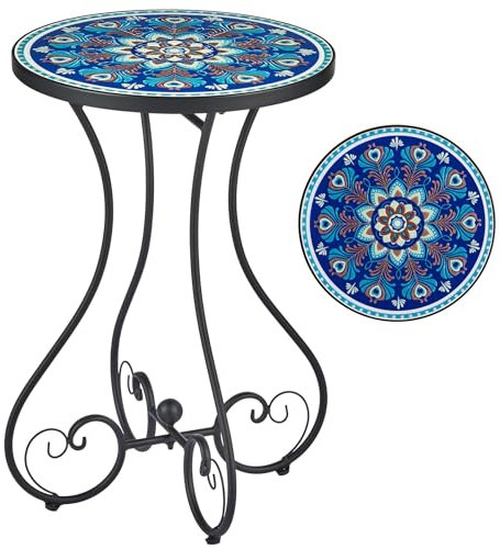VONLUCE Round Side Table, Indoor and Outdoor Plant Stand, Small Coffee Table with 36cm Ceramic Tile Top for Patio Balcony, 53cm Tall Mosaic Garden Table, Living Room End Table or Bedside Table, Blue