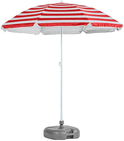 Harbour Housewares Red Striped Beach Parasol with Base - 1.74 x 1.93m - UPF 50+ Portable Garden Umbrella with Grey Base Lightweight UV Sun Protection Umbrella for Picnics, Garden and Beach Days