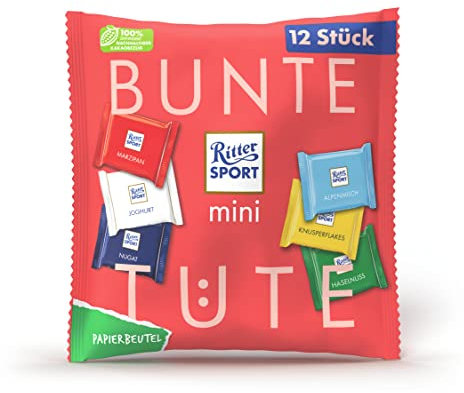 Ritter Sport mini Bunte Tüte 9 x 200 g, Schokoladen-Mix mit jeweils 12 minis im praktischen Papierbeutel, verschiedene Sorten mini-Täfelchen in abwechslungsreicher Auswahl zum Teilen