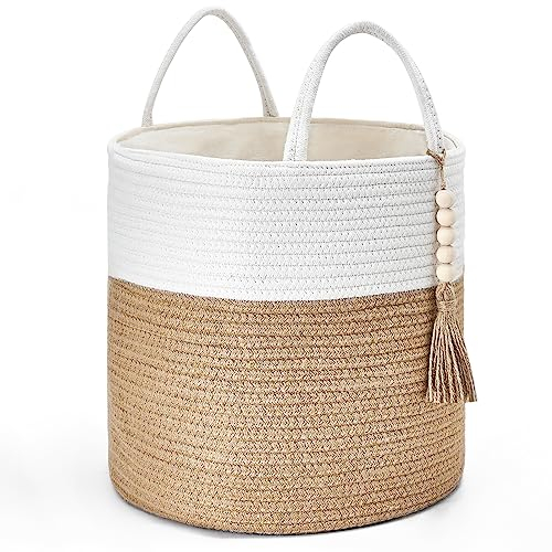 Mkono Woven Storage Basket Decorative Rope Basket Wooden Bead Decoration for Blankets,Toys,Clothes,Shoes,Plant Organizer Bin with Handles Living Room Home Decor, 11 W x 11L,White and Yellow