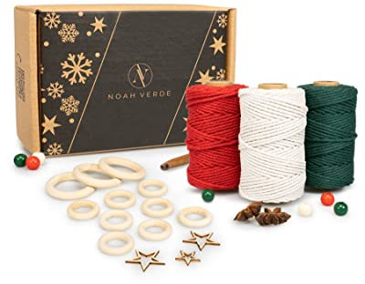 NOAH VERDE Makramee Set für Weihnachtsdeko mit Anleitung, Video Tutorials, Makramee Garn 2mm x 40m Rot, Grün, Beige, Makramee Zubehör, DIY Deko Weihnachten, Weihnachtsschmuck basteln, Macrame Cord
