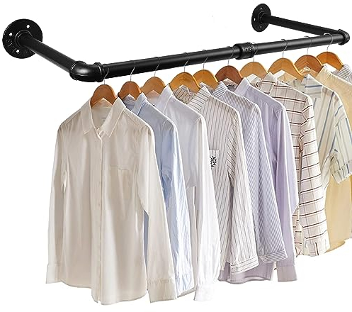 eSynic 60cm Wall Mounted Clothes Rail Popular Black Industrial Pipe Wall Clothes Rail Durable Metal Clothing Rack, Vintage & Morden Detachable Clothes Tidy Rail for Hanging Coat Bedroom Cloakroom etc