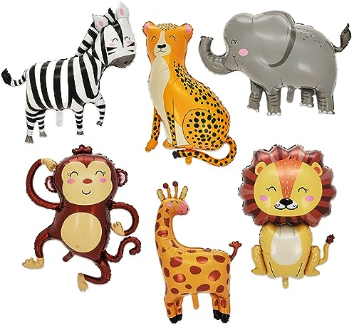 Tiere Folienballon, 6 Stück Tier Dschungel Ballon, Leopard Elefant Affe Giraffe Löwe Zebra Ballon, Tiere Helium Ballons, Alufolienballon, Jungen und Mädchen Kindergeburtstag Ballondekoration