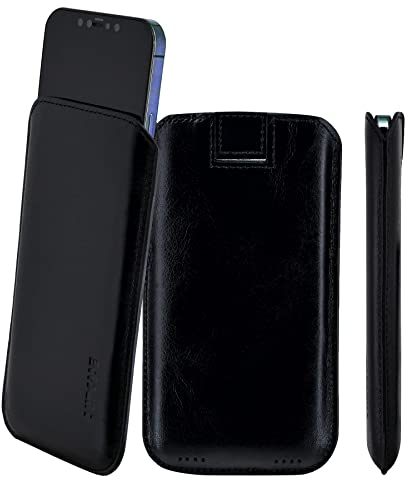 Suncase Original Leder Etui kompatibel mit iPhone 15 (6,1 Zoll) Hülle Tasche Ultra Slim Ledertasche Schutzhülle Case (mit Rückzuglasche) in schwarz