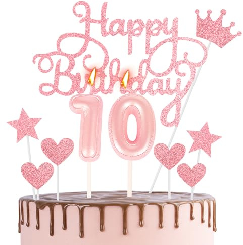 HONGCI Happy 10th Birthday Cake Topper & Candle - Pink Number 10 Candles for Cake - Cupcake Topper & Cake Decorations for Girls' Birthday Party