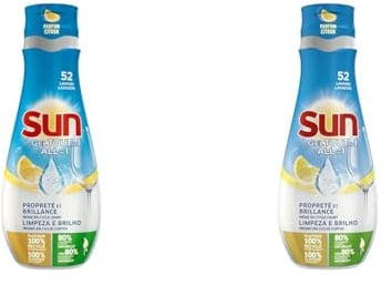 Sun Gel Lave-Vaisselle Tout-En-1 Citron Double Action x52, Propreté et Brillance Cristal, efficace en cycle court x52 lavages (900ml) (Lot de 2)