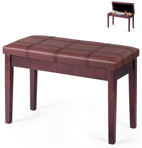 OFFICEJOY Piano Bench, Solid Wood Keyboard Bench w/Storage Compartment, Exquisite Leg & Thick Cushion, Classical Elegant Piano Stool Duet Seat for Home, 14’’ D x 29.5’’ W x 19.5’’ H (Brown,Straight)