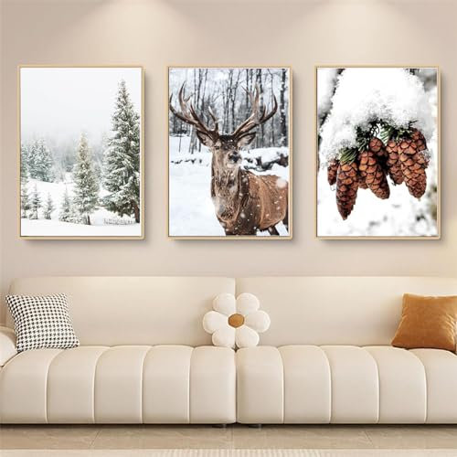 YLHKME Moderne Winter Schnee Landschaft Bilder Leinwand Malerei, Hirsche Tier Wandbilder Wohnzimmer Schlafzimmer Deko Poster Kunstdrucke,Ohne Rahmen (B-Rahmenlos,3X40X50CM)