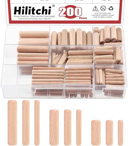 Hilitchi Lot de 200 chevilles en bois de 9 tailles avec extrémités biseautées M6 M8 M10 à rainure droite cannelée en bois pour porte d'armoire, loisirs créatifs