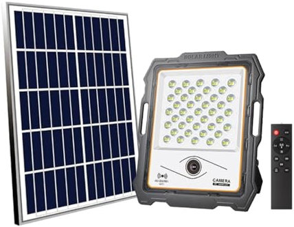 M Ledme - Foco Proyector Led Solar Con Cámara Jeff 100W, luz fría (6000k), Sensor de movimiento/crepuscular, 1080P, Impermeable IP67, 1160lm, Control remoto con App, Para Patio, Jardín, Camino.