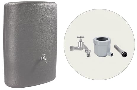 Garantia Terranova Regentonne Komplett-Set 275 Liter Graphite Grey inkl. Chrom-Auslaufhahn und Fallrohranschluss - Wandtank, Wassertank, Regenfass, Regenwassertonne, Regenwassertank, Wasserbehälter