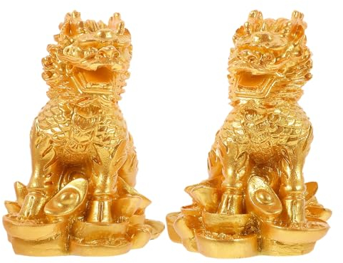 Luxshiny 1paar Figurine Dekoration Antike Chinesische Statue Aus Resin Für Wohnzimmer Büro Und Feng Shui Gestaltung Goldene Skulpturen