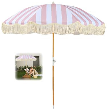 ELZEM 180cm Grand Parasol De Jardin Exterieur Parasol Plage Anti Uv Inclinable Parasol De Plage Pliable Avec Frange Parasol De Terrasse Avec Sac De Transport Pour Balcon Plage Jardin