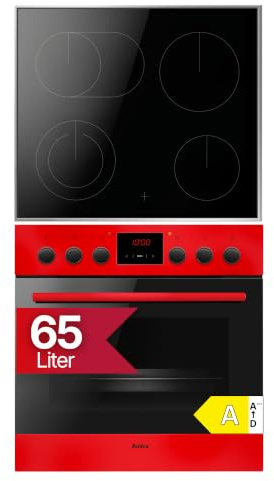 Amica Einbauherd Set 60 cm 65 L Glaskeramik Rot EHC 12920 R | 11 Backofenfunktionen, 2-fach Auszug, SensorControl Timer, SteamClean, EasyClean, Supergrill, HiLight Kochzonen