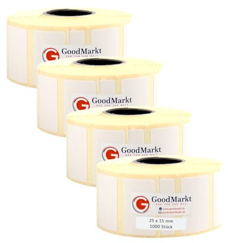 GoodMarkt Thermodirekt Etiketten selbstklebend | 25x15 mm 4 Rolle, weiß, 4000 Etiketten | Kompatibel mit Brother, Zebra | Haushaltsetiketten, Barcodeetiketten, Marmeladenetiketten