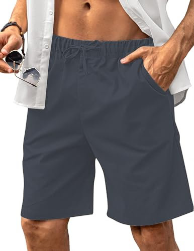 HMIYA Kurze Hosen Herren Leinen Shorts Leichte Bermuda Sommershorts Atmungsaktiv Leinenhose Kurz mit Taschen(Dunkelgrau,EU-L)