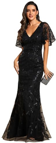 Ever-Pretty Women's Elegant Mermaid Ruffle Sleeve V Neck Shiny Maxi Bridesmaid Dresses Black 16UK