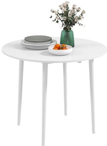 HOMCOM Folding Dining Table for 4, Round Drop Leaf Table, Modern Space Saving Small Kitchen Table with Wood Legs for Dining Room, White