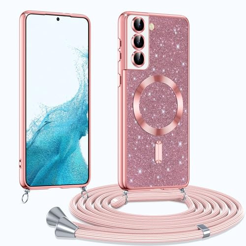 Phoona Coque pour Samsung Galaxy S22+/ S22 Plus 5G avec Cordon, Etui à Paillettes Compatible avec MagSafe, Antichoc Protection Coque pour Magnétique avec Réglable Collier, Rosa