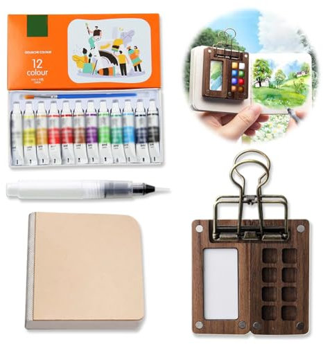 Tragbare Gouache Farben Set, Mini Aquarell Paletten Set Holz Reise, Mini Palette Watercolor Reise Set Acrylmalerei Kommen Mit Aquarellpapier Journal, Aquarellpinsel Stifte Und EIN Clip (8 Gitter)