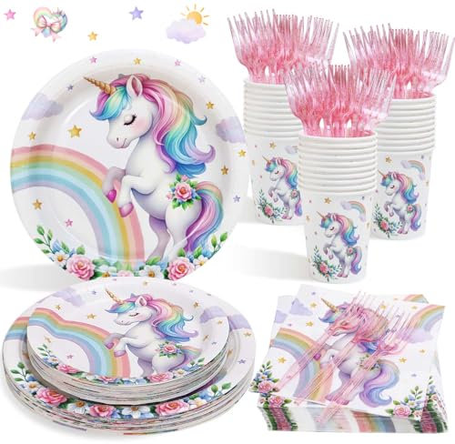 Heboland Unicorn Birthday Decorations Tableware Set for 25 Guests, Unicorn Party Decorations 100Pcs Girls Party Plates Cups and Napkins for Baby Shower Girls Birthday Decor