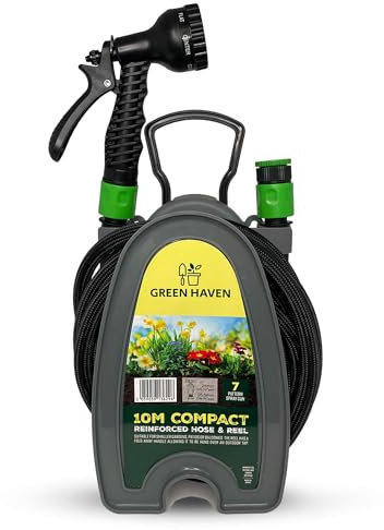 Green Haven - Avvolgitubo da giardino, 10 m, leggero, compatto, con pistola a spruzzo a 7 modelli, avvolgitubo per piccoli giardini, balconi e pulizia esterna (rinforzato)