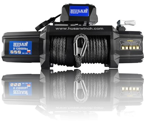 Husar Winch Elektrische Seilwinde 12000 lbs | 5443 kg 12V mit 26 m x 10 mm Synthetikseil, Funkfernbedienung, 3-stufigem Planetengetriebe, Offroad-Seilwinde für 4x4,SUV,Geländewagen und Fahrzeugbergung