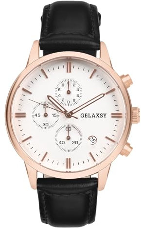 Mens 42mm Chronograph Quartz Watch with Analogue Display Date Window and Leather Strap Water Resistant Wrist Watch for Men (Rose Gold White)