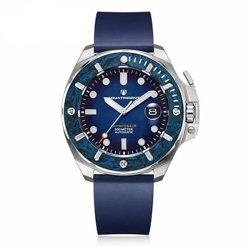 Aquatrident Ichthyosaur 500M Automatik Stahl Blau Gummi Saphir Datum Diver Herrenuhr, blau