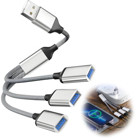 EuAcesry Cable Divisor USB Splitter 1 en 3 Salidas, Adaptador de Concentrador de Extensión, Cargador para Carga y Datos, para PC/Laptop/Discos Duros Externos - Plateado