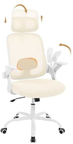 WOLTU Sedia Ufficio Ergonomica con Poggiatesta e Braccioli Regolabili, Supporto Lombare, Poltrona Scrivania Girevole in Rete Traspirante Funzione Dondolo, Beige