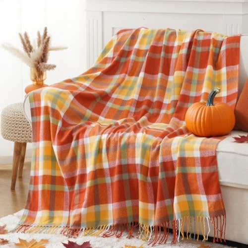 BATTILO HOME Orange Red Fall Plaid Throw Blanket, 127x152cm | Tartan Check Chair Sofa Settee Throws Bed Blanket, Farmhouse Checkered Decor Throw Fall Decorative Throw Blanket with Tassels