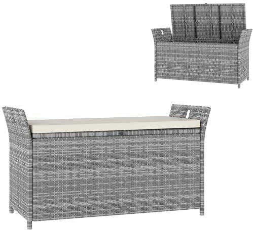 Outsunny Coffre de Rangement extérieur en résine tressée, Banc de Rangement 250L avec Coussin Amovible, pour Jardin, Balcon, Patio, 125 x 55 x 70 cm, crème et Gris