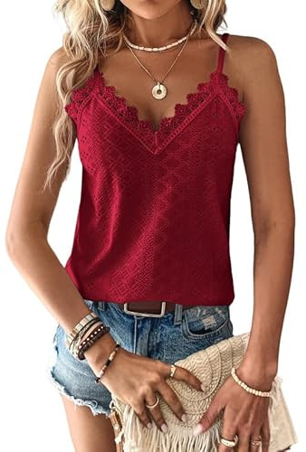 Haibang tanktopp damer cami-topp med spets v-ringad sommartoppar elegant spaghettitopp sexig hållare sommarskjorta lös spets topp ledig ärmlös camisole skjorta, vinröd, L
