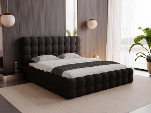 GRAINGOLD Twist Bett 180x200, Polsterbett mit Bettkasten, Polsterbett mit Stauraum, Bouclé-Stoff, mit Lattenrost, mit Kopfteil, ohne Matratze (Schwarz, 180x200)