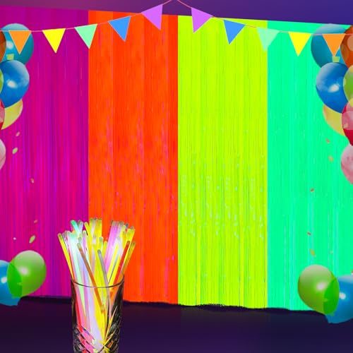 Set decorativo per feste, 4 pezzi, luce nera, con 30 luci fluorescenti | 1 m x 2 m Neon Lametta Tende Luce Nera Decorazione Disco Party Accessori Tende con Frange per Matrimonio Compleanno Carnevale