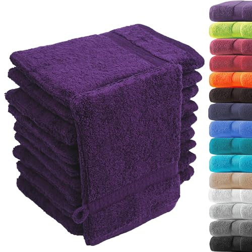 Generisch Loomiva Premium Waschhandschuhe Waschlappen Set 10 Stück, 16x21 cm, 100% Baumwolle Frottier, 500 g/m² | (Aubergine)