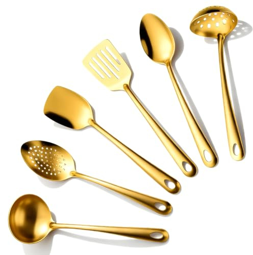 Juego de utensilios de cocina dorados de 6 piezas, cubiertos para ensalada, juego de utensilios de cocina de acero inoxidable, juego de espátulas, accesorios para, Tutamaz