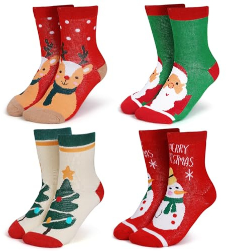 wanchel 4 Paar Merino Wolle Weihnachten Kinder Socken - Verdickte Winter Warme für Kinder, Mehrfarbig, 6-9 Years