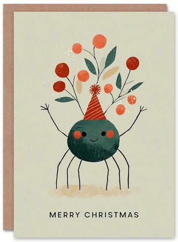 Artery8 Christmas Card Happy Dancing Cartoon Spider Wearing Festive Hat