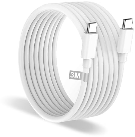 USB C Cable Fast Charge 3m, 60W iPhone 15 16 17 Charger Cable White, Long USB-C to USB-C cable Fast Charging Type C charge cable Wire Lead for iPhone 17 16 15 Pro Max Plus,iPad,Mackbook,Switch,Samsung