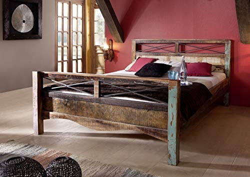 MASSIVMOEBEL24.DE Nature of Spirit Bett - 200x200cm Indisches Altholz, Farbe:Mehrfarbig lackiert
