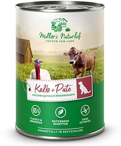 Müllers Naturhof - Kalb und Pute - 6 x 400 g - Nassfutter für alle Hunderassen - getreidefrei und glutenfrei - mit Gartengemüse und Wiesenkräutern - naturnahe Rezeptur mit 65% Fleisch