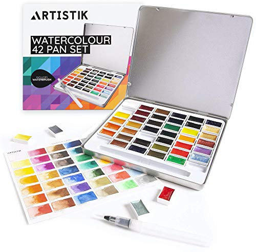 Watercolour Paint Set - 42 Pans Richly Pigmented Artist Quality Colours Includes 6 Vibrant Metallics, 1 Waterbrush Pen in a Metal Tin, for Professionals Artists, Beginners