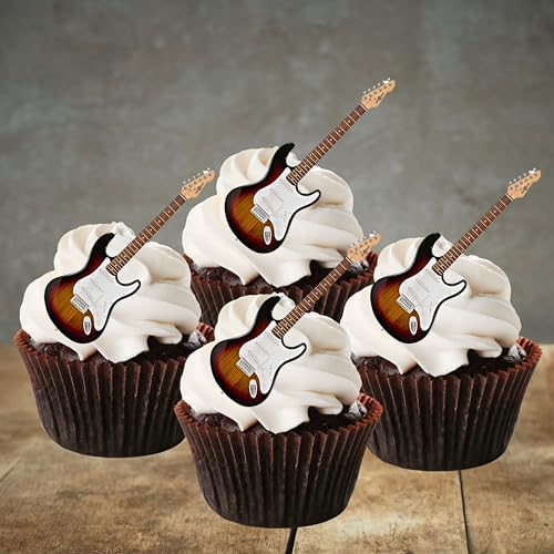 Electric Guitar Edible Cupcake Toppers – 5cm/2 Inch Tall Precut Wafer Cake Decorations for Rock Star & Music-Themed Parties (Pack of 12)
