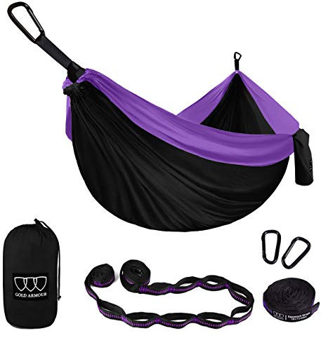 Gold Armour Camping Hammock - XL Double Hammock Portable Hammock Camping Accessories Gear for Outdoor Indoor with Tree Straps, USA Based Brand (Black and Purple)